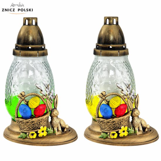 AWZ - szklany znicz wielkanocny malowany ręcznie z aplikacją koszyka wielkanocnego