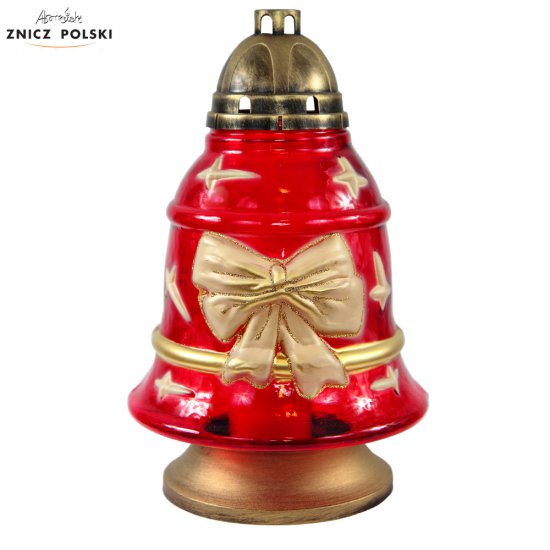 DZWON KOKARDA - duży szklany ręcznie zdobiony znicz w kształcie bożonarodzeniowego dzwonka