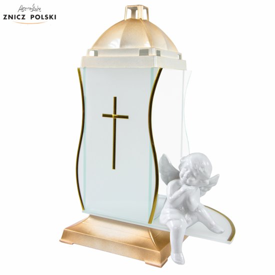 GLASS ANIOŁ DUŻY -  biało złoty znicz kapliczka z ceramicznym aniołkiem
