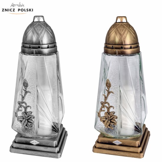 KW4 LILIA - OKAZAŁY ZNICZ, szklana kolumna z ozdobnym kwiatem lilii | piękny monumentalny lampion ze szkła tęczowego 