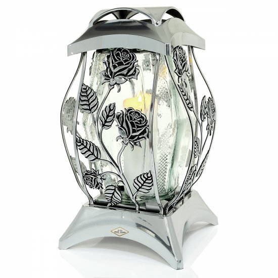 Znicz LAMPION RÓŻA PNĄCA METALIK srebrny