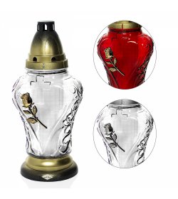 P69 RÓŻA - znicz szklany w kształcie serca z kwiatem róży