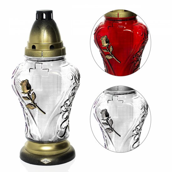 P69 RÓŻA - znicz szklany w kształcie serca z kwiatem róży